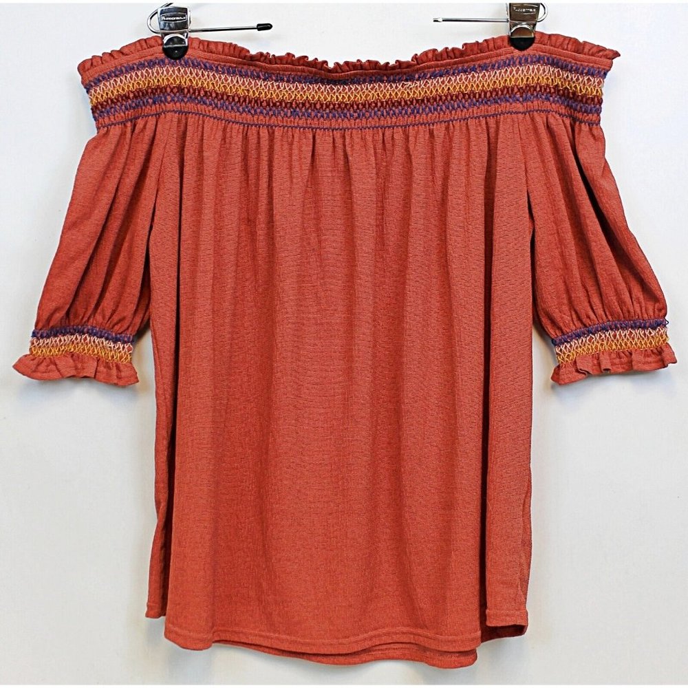 Flower & Feather + Woman Off Shoulder Peasant Hippy Shirt Boho Shirred Stretchy